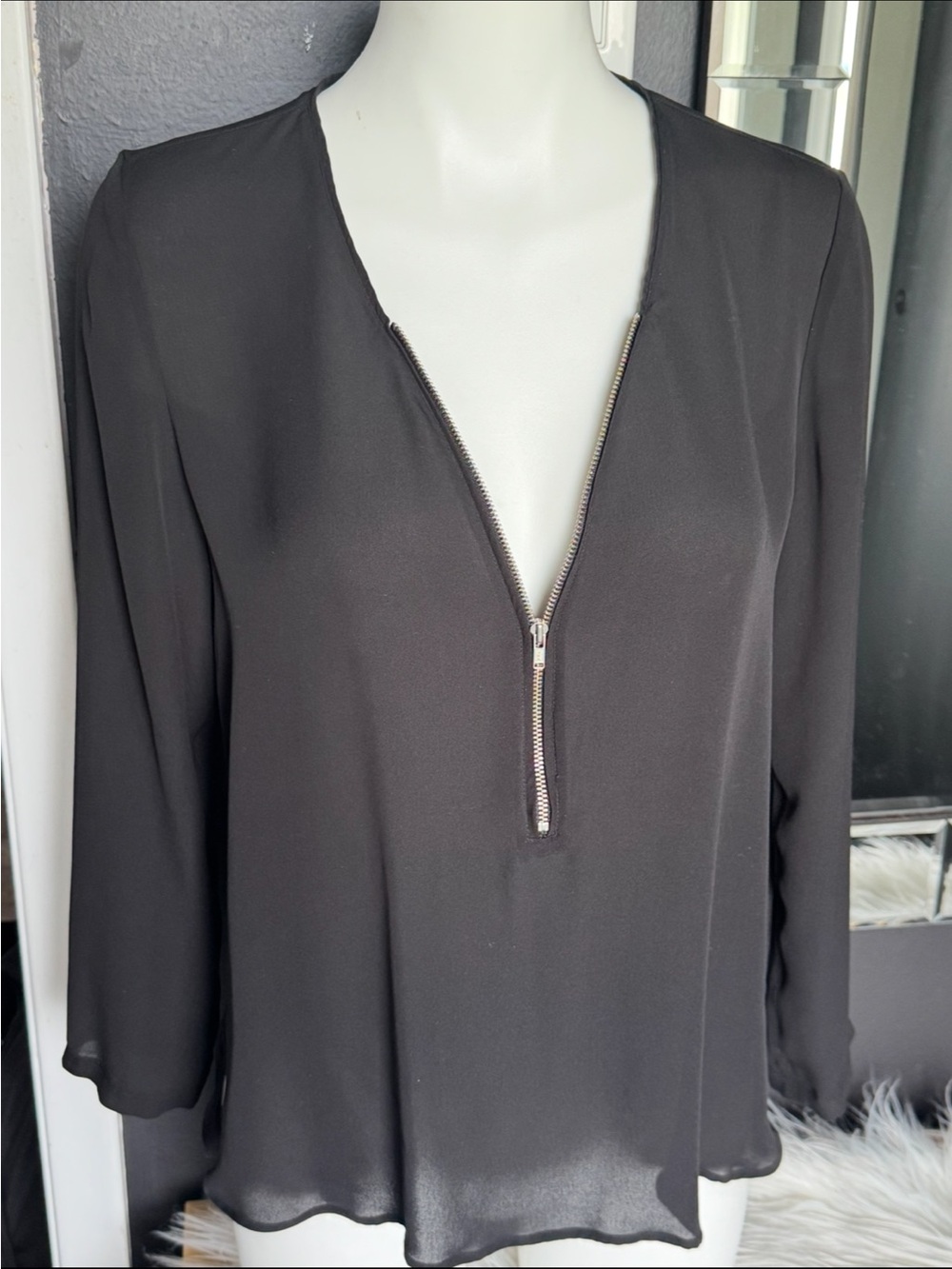 The Kooples Black Zip-Front V-Neck Blouse